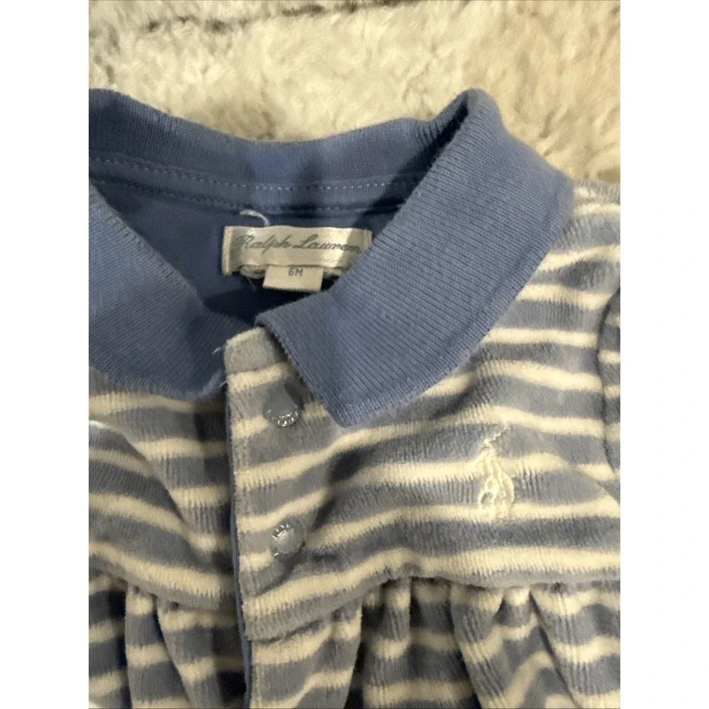 EUC Polo Ralph Lauren Blue & White Striped Velour Footie Size 6M Perfect Cond